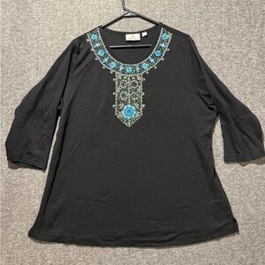 Quacker Factory Embellished Beaded Top Womens 1X black blue western sequin fun!